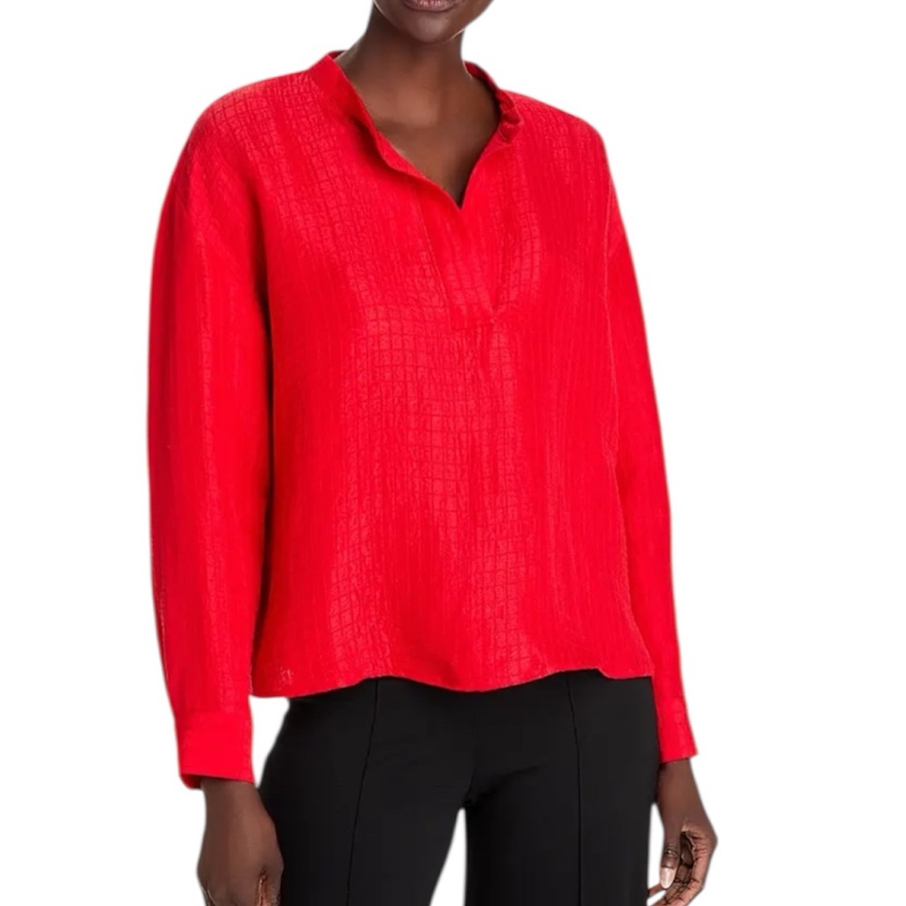 Eileen Fisher Mandarin Band Collar Top Sz XL Silk Linen Chery Boxy Fit NWT